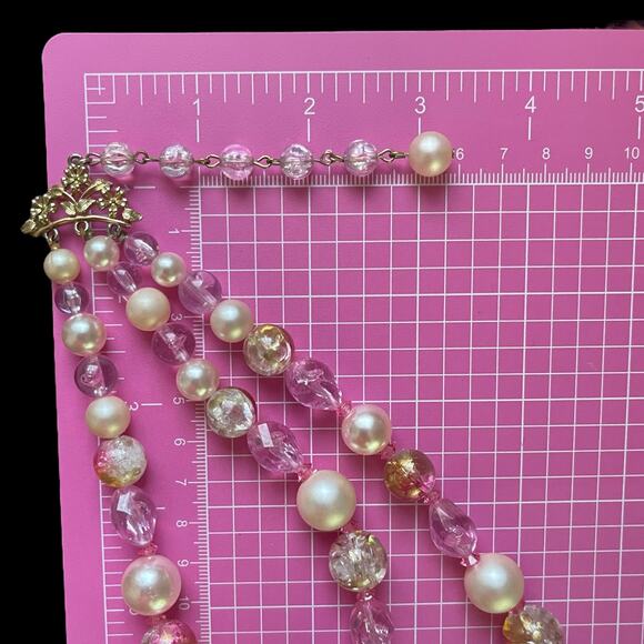 Vintage Coro Pink Necklace Multi Strand Collar MCM Crackle Glaze Signed - Picture 7 of 8
